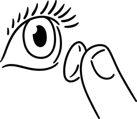 Putting in contact lenses, hand drawn doodle icon. Eye and finger holding lens. Black and white line art. Simple drawing, vector clip art illustration.