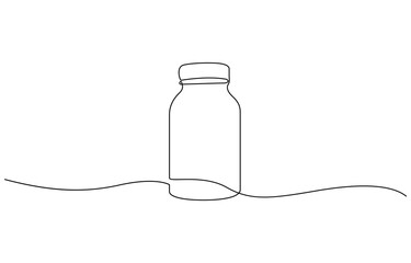 Continuous one line drawing of drug bottle, pill bottle. One line drawing illustration of supplements jar, Jar bottle icon line continuous drawing vector. One line jar icon vector background.