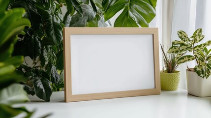 Empty frame on a clean white desk with plants in the background isolated