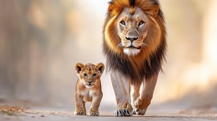 A large feline and a small one walking together on a sandy path. Warm, golden light illuminates the scene. The small one is fluffy, following closely