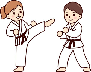 Cute cartoon kids in martial arts uniform (gi). Boy and girl karate fighting. Simple drawing, vector clip art illustration. © sudowoodo