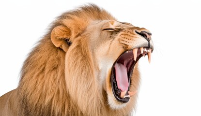 Obraz premium Close up profile of a majestic lion with its mouth wide open, revealing sharp teeth and pink tongue against a bright white background. The lion's