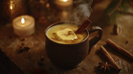 Warm, steaming buttered rum drink in rustic mug, candles and spices. Cozy autumn or winter beverage.