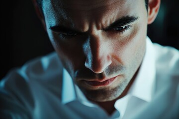 Close-up portrait of a serious man, his face partially shadowed, wearing a white shirt.