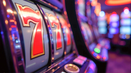 Brightly lit slot machines display vibrant colors at a bustling casino during a lively evening