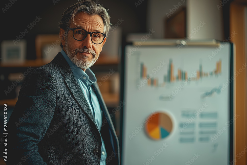 Aufkleber man in suit and glasses standing in front of a whiteboard with business charts and graphs