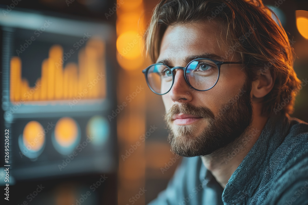 Aufkleber man with glasses focused on a computer screen in a modern office environment during daytime hours