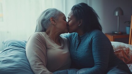 Senior interracial couple kissing on bed in morning light