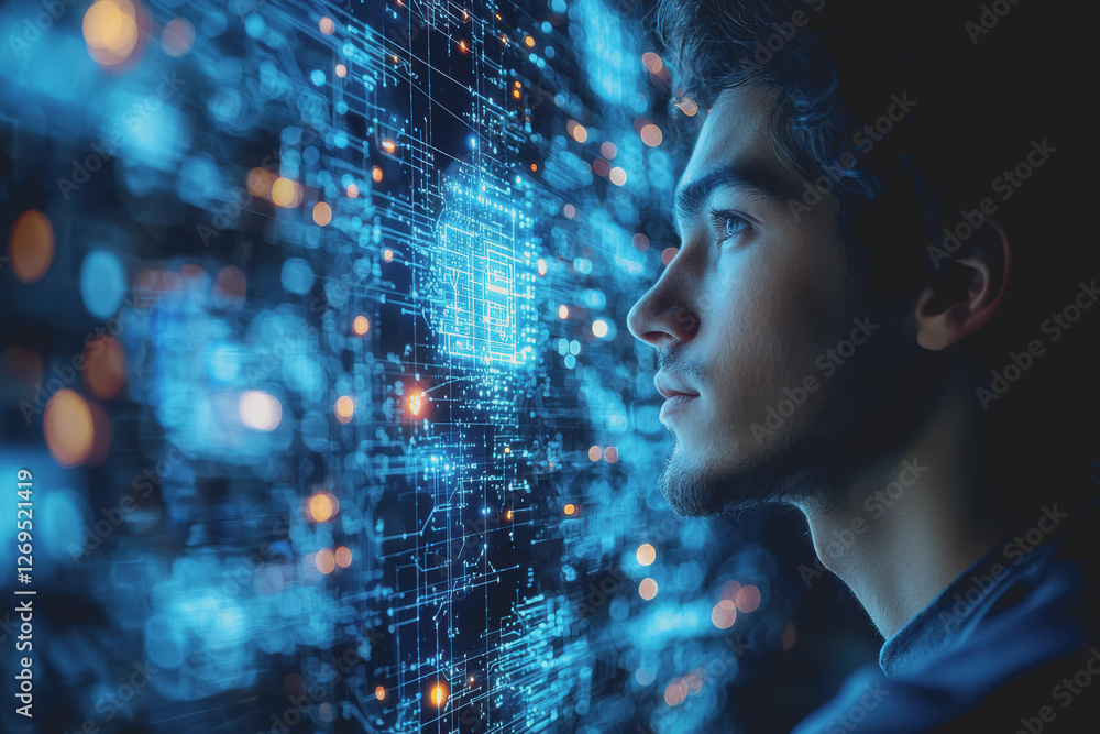 Aufkleber man gazing at a digital screen displaying information in a modern office environment