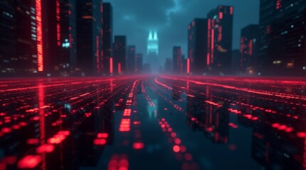 A futuristic cityscape with neon red lights and dark skyscrapers, reflecting a high-tech, ominous atmosphere. Best for tech, cyberpunk, or futuristic designs.