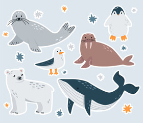 Set stickers of cute arctic animals. Wild polar animals in cartoon style. Vector illustration.