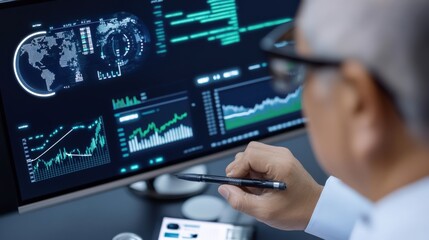 Analyzing business data trends office environment digital dashboard insights modern workspace close-up view data visualization