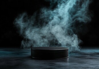 Empty black podium on dark textured floor with teal smoke
