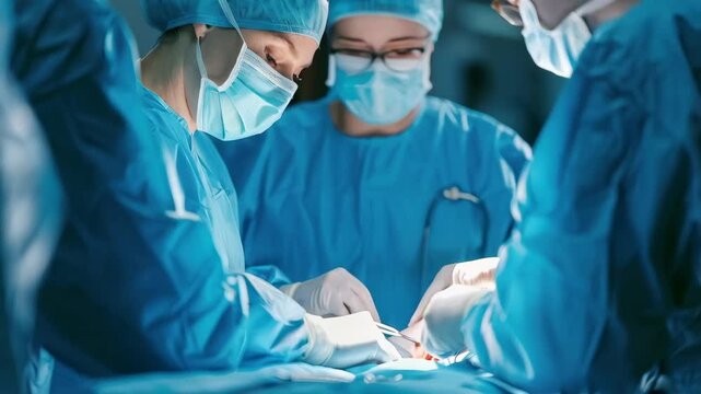 Surgical team performing a complex operation in a modern hospital setting