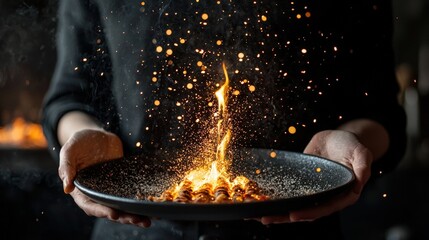 Hands Holding Plate with Blazing Kebab Skewer in a Culinary Setting