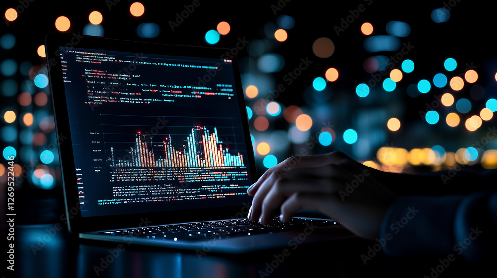 Poster person typing on laptop with data visualization on screen, surrounded by colorful bokeh lights, crea