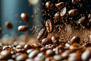 Roasted coffee beans explosion. Arabica seeds falling down, caffeine energy breakfast ingredients, coffee grains falling down