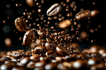 Roasted coffee beans. Arabica seeds falling and flying on dark background, aromatic caffeine ingredients for coffee drink, gourmet cafe concept