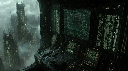 Futuristic city control room, monitoring systems, foggy cityscape