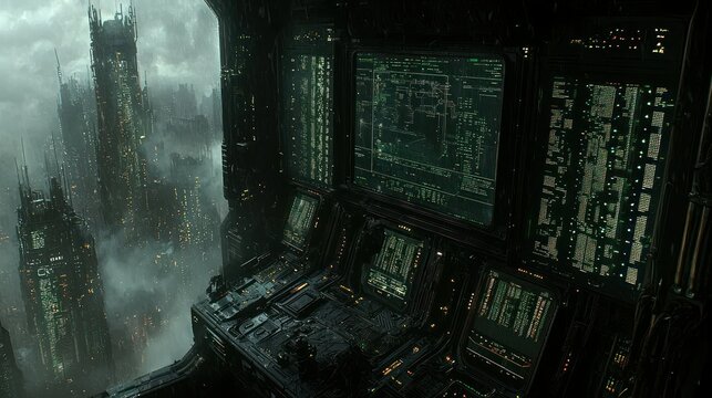 Futuristic city control room, monitoring systems, foggy cityscape