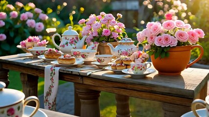 Outdoor vintage tea party with floral arrangements, fine china, and delicious pastries on a rustic table
