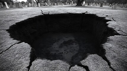 Cemetery sinkhole, cracked ground, graveyard background.