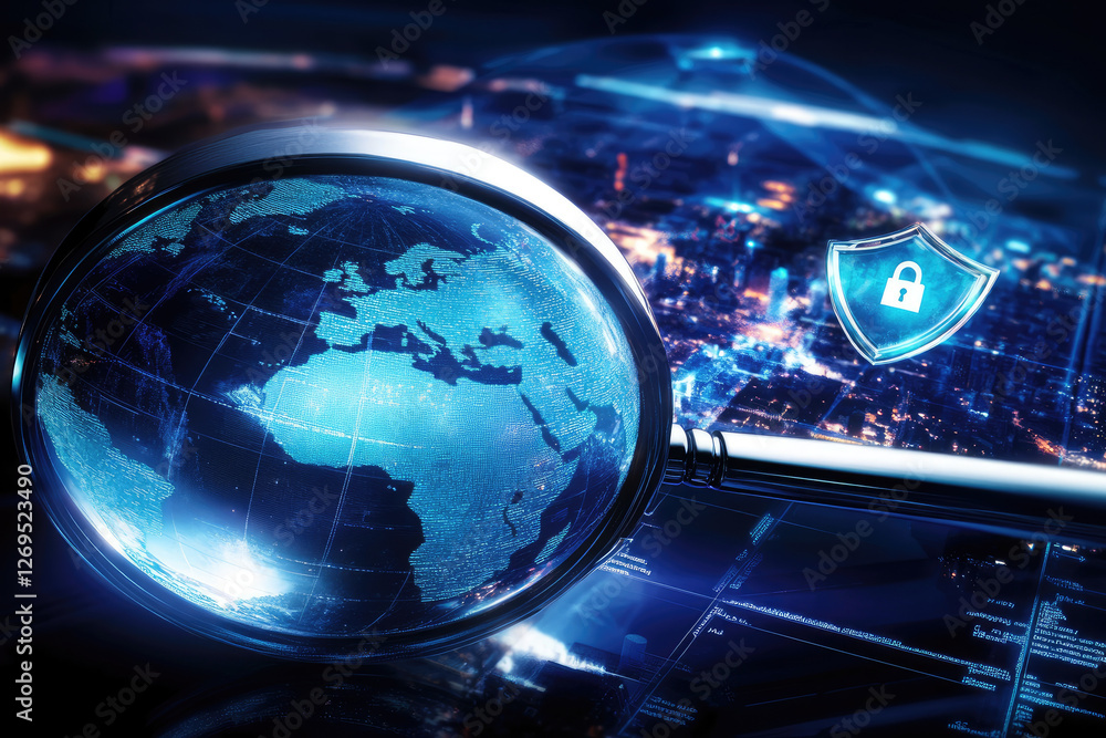 Poster exploring cybersecurity measures global technology landscape digital data analysis innovative enviro