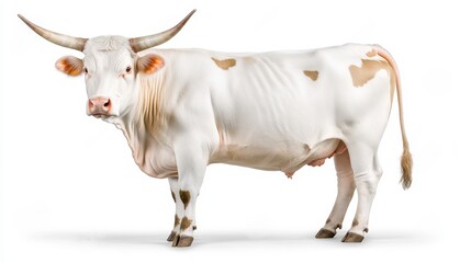 White cow with brown spots standing on a white background, showcasing its horns and overall physique. The image is a studio shot with even lighting