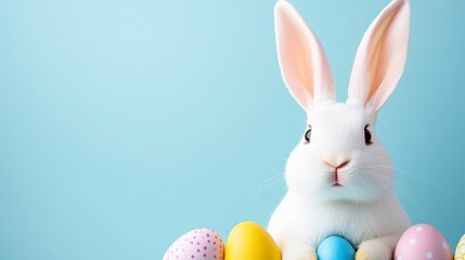 Obraz premium A charming, soft focus studio shot displays a white figurine of a rabbit surrounded by pastel colored eggs against a light blue backdrop, evoking a