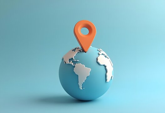 Cartoon planet Earth with red pointers. Realistic vector icon on white background. World traveling or GPS navigation concept. Vector illustration
