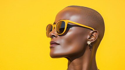 woman with short haircut wearing yellow sunglasses against bright yellow background, exuding confidence and style. Her skin tone contrasts beautifully with vibrant backdrop