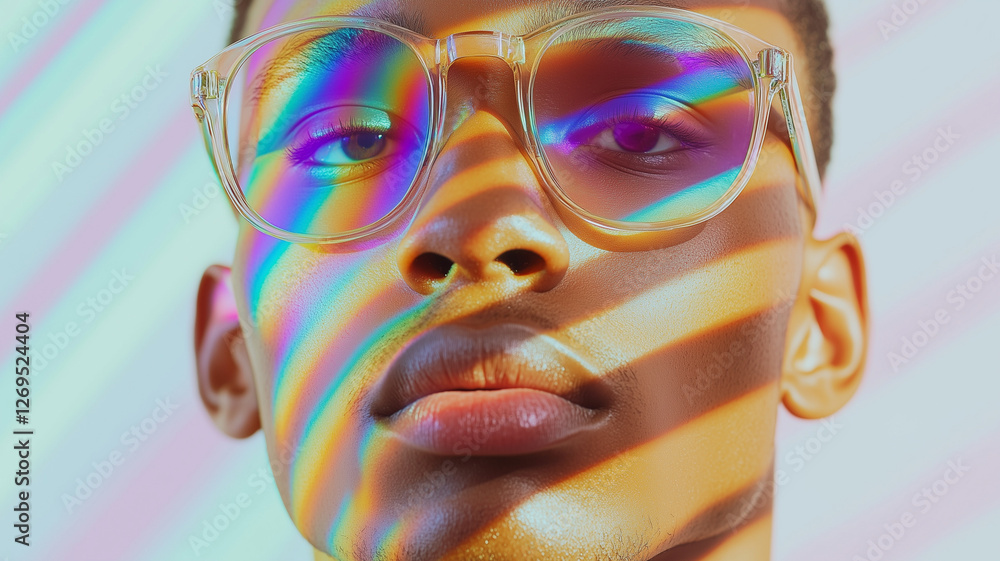 Poster close up portrait of person with glasses, featuring colorful light reflections and shadows across fa