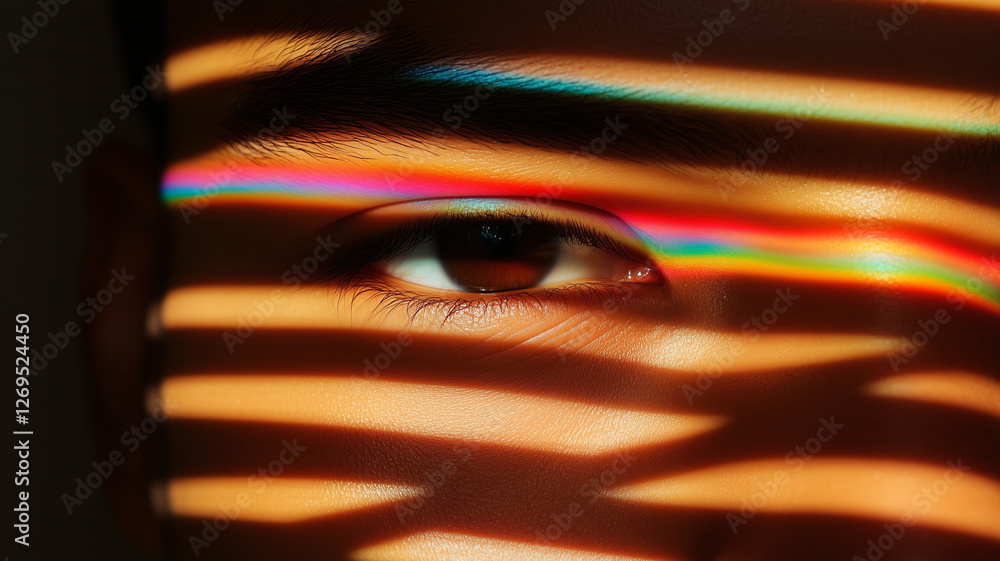Aufkleber close up of person eye with colorful light patterns creating shadows across face, evoking sense of i