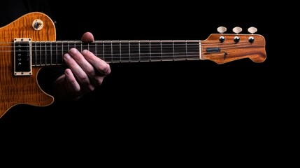 Obraz premium Close-up of a hand playing an electric guitar over a dark background.