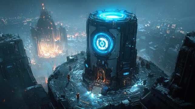Futuristic city night; energy tower; cyberpunk; glowing; aerial view; sci-fi concept art