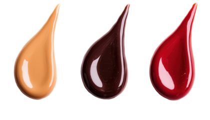 Creamy chocolate drips in three colors brown, dark, and red, creating rich visual