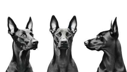Three Doberman dogs light studio composition, showcasing their unique expressions and features