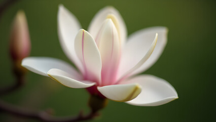 Obraz premium A close-up of a white and pink magnolia flower in bloom, with soft petals and a blurred green background. The image captures the delicate beauty and intricate details of the flower, making it visually