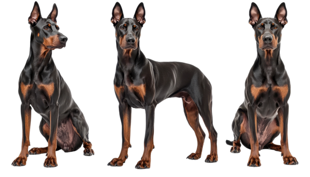 Full shot of three Dobermans standing separately, showcasing their strong physique and alert