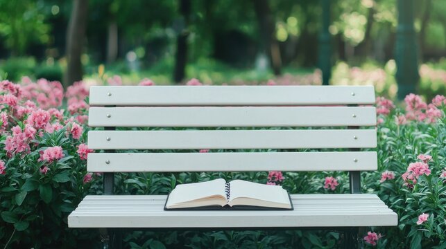 World Poetry Day concept. Serene Park Bench with Open Journal and Pen in Blooming Floral Garden
