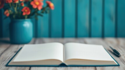 World Poetry Day concept. Vintage Quill Pen and Ink Bottle on Open Notebook on Wooden Desk