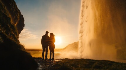 Fototapeta premium Couple silhouetted at sunset, majestic waterfall backdrop, Iceland travel