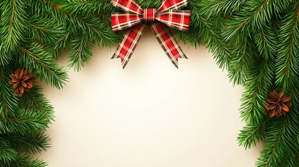 Rustic Pine Branch Frame with Plaid Ribbon and Pine Cones for Holidays