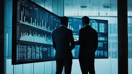 Corporate financial experts analyzing data insights in modern workspace virtual environment strategic viewpoint