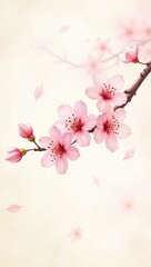 Ethereal cherry blossom branch in painterly style with falling petals
