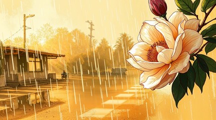 Nostalgic rainy day flower scene in painterly style with rustic background