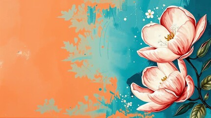 Vibrant magnolia blossoms in painterly style against spattered teal and orange backdrop