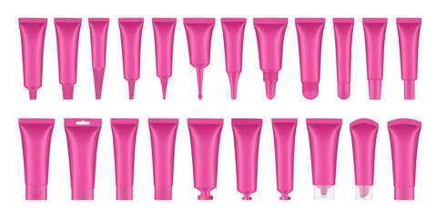 Large set of 22 pink cosmetic tubes. Closed blank tubes with caps. Realistic mockup. Long nozzle tube for ointment or salve. Gel serum. Korean packaging. Lip gloss. Toothpaste. Hand cream