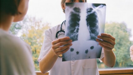 Doctor discusses x-ray results with patient hospital medical consultation indoor close-up loveconnected