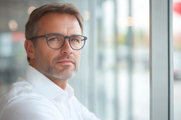 Obraz premium Caucasian mature male with glasses in white shirt by window.